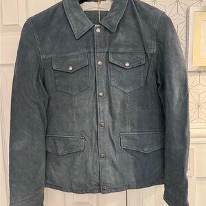 Milestone Men’s Leather Trucker Jacket Blue Green Snap Front NWT